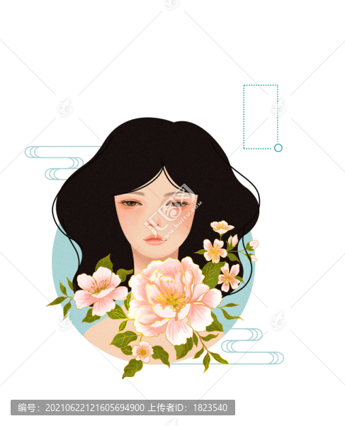 手里拿著花朵的清新女孩插畫