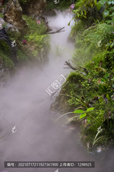 溪流綠岸水霧風景