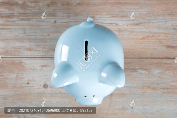 俯視著桌上的小豬存錢罐