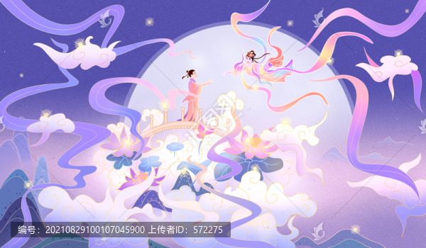 七夕情人節(jié)主視覺(jué)國(guó)潮風(fēng)插畫(huà)作品