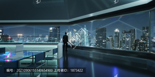 寫字樓建筑男子凝視窗外夜景全景圖