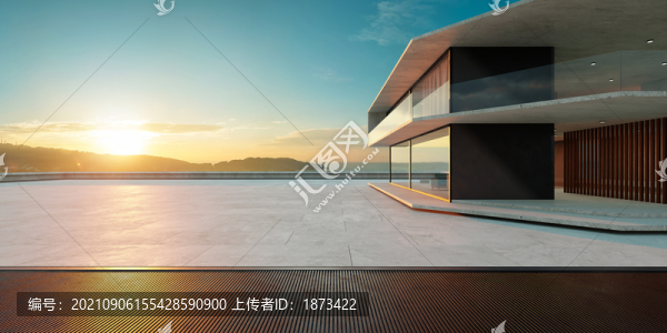 摩登建筑裝修大理石平臺夕陽場景圖