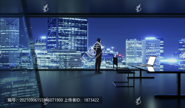 冷色調(diào)商務(wù)辦公室男子插口袋望窗外高樓景攝影照