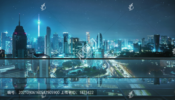 藍(lán)色摩天高樓城市夜景頂樓玻璃倒映攝影照