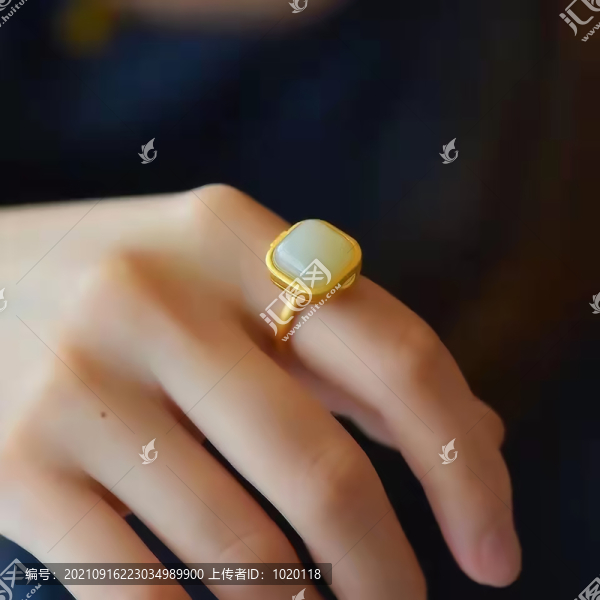 銀鑲和田玉戒指