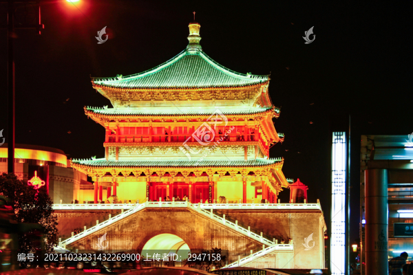 中國西安鼓樓夜景風光