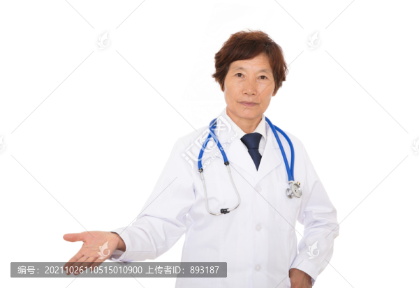 醫(yī)生在白背景前做出請的手勢