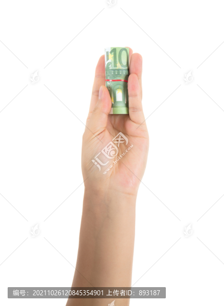 白背景上的一只手拿著歐元鈔票