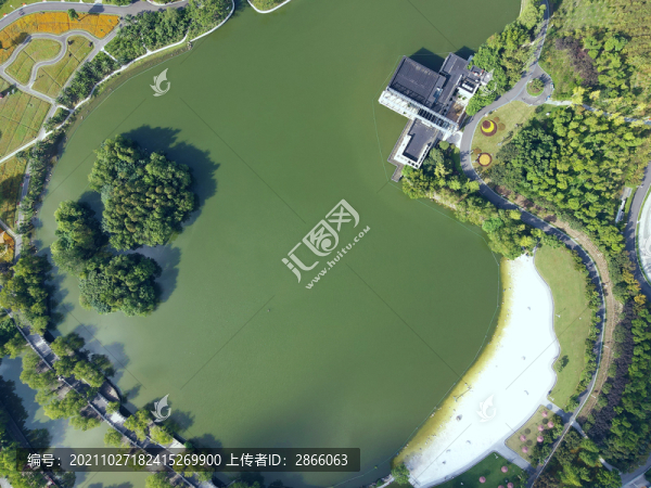 航拍上海大寧郁金香公園人工湖