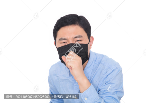 男士在白背景前使勁干咳