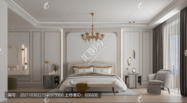 美式簡(jiǎn)約臥室墻布壁畫(huà)背景場(chǎng)景圖