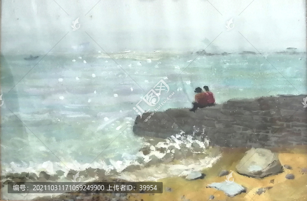 水粉風(fēng)景愛(ài)情大海情侶海邊