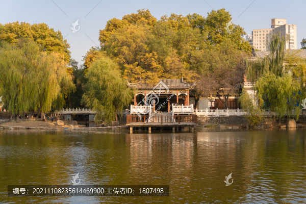 秋天城市公園的中式亭子