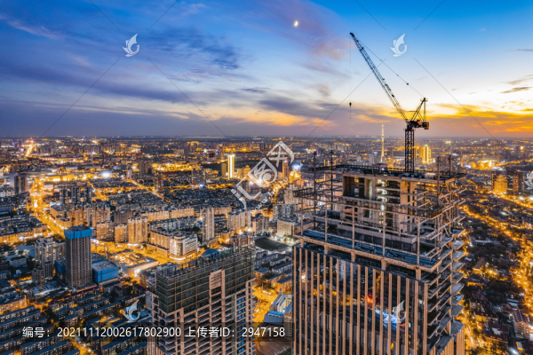 天津城市高樓建筑夜晚航拍