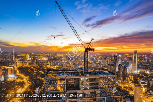 天津城市高樓建筑夜晚航拍