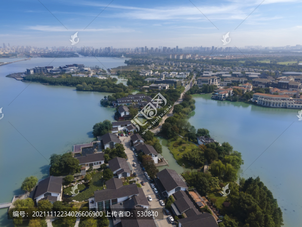 航拍蘇州金雞湖中式園林