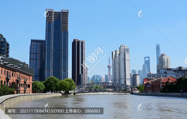 上海蘇州河和遠(yuǎn)處的陸家嘴天際線