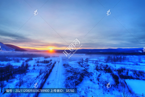 航拍雪域冬雪叢林朝陽日出