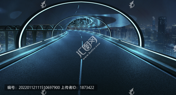 藍(lán)光透明公路隧道,城市高樓夜景照