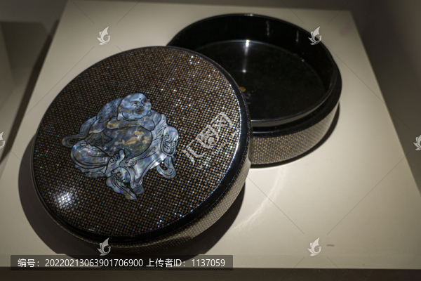 漆藝螺鈿漆器錦地紋彌勒佛圓盒