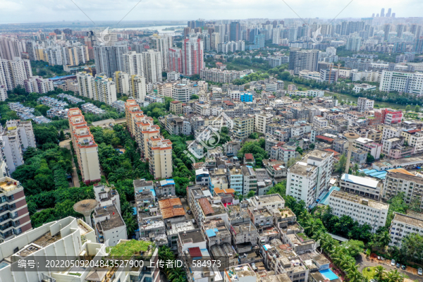 航拍海南?？诿捞m區(qū)城區(qū)街景