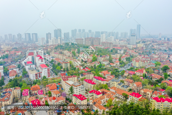 航拍青島市南區(qū)紅瓦綠樹風(fēng)光