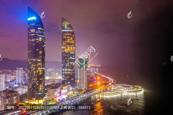 航拍廈門世茂海峽大廈雙塔夜景
