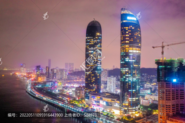 航拍廈門世茂海峽大廈雙塔夜景