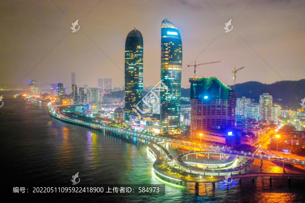 航拍廈門世茂海峽大廈雙塔夜景