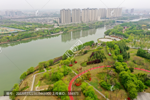 航拍河南新鄭軒轅湖公園風光