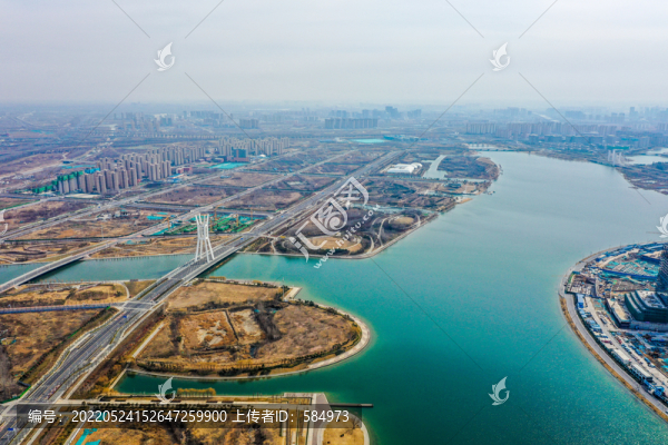 航拍河南鄭州北龍湖金融島風(fēng)光