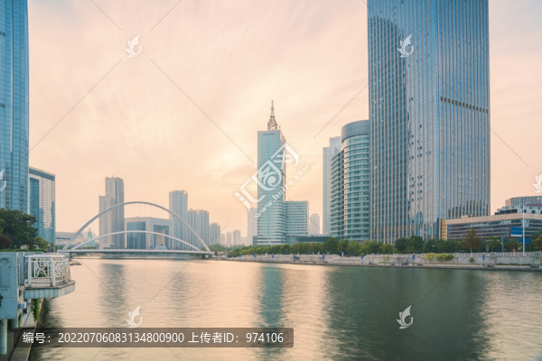 天津城市天際線和海河上的橋梁