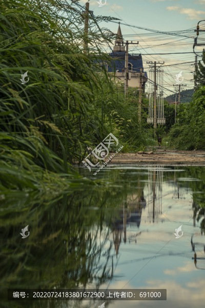 小路上積水倒影荒草和歐式建筑