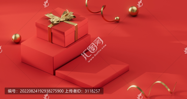 紅色背景上擺放著禮盒