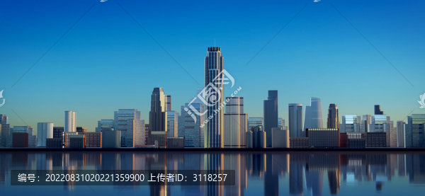 3D渲染夕陽下城市建筑群