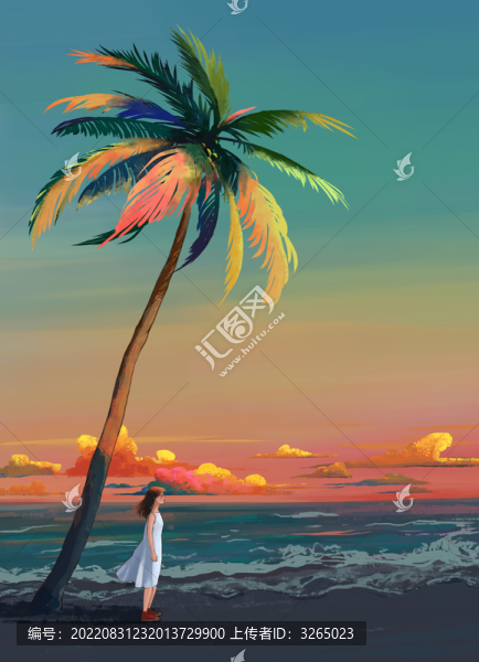 海邊沙灘黃昏女孩椰子樹云朵
