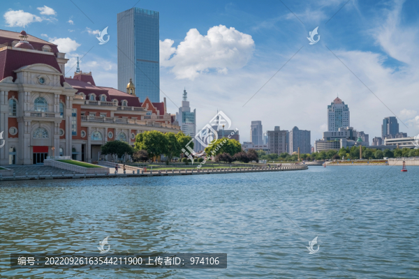 天津城市天際線和海河上的橋梁