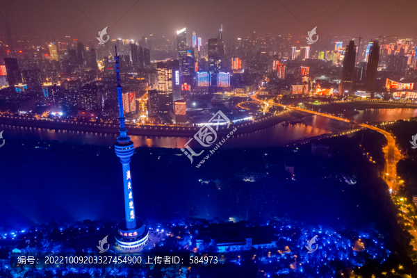 航拍武漢龜山電視塔夜景燈光秀