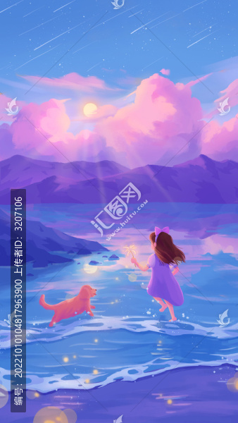 傍晚女孩在海邊奔跑放煙花唯美