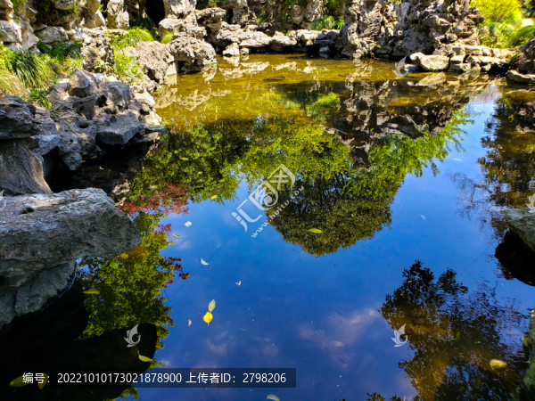 清澈池水中倒影的藍(lán)天綠樹(shù)