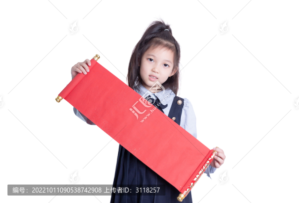 拿著對(duì)聯(lián)橫幅的學(xué)生裝女孩