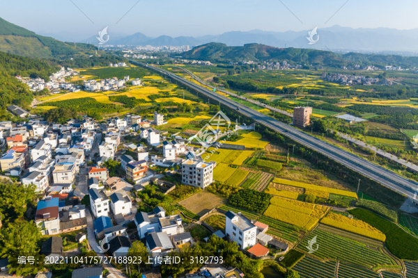 高速公路沿線村莊金秋景色如畫