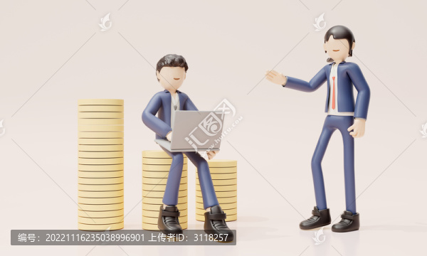 坐在金幣上辦公的商務(wù)人物
