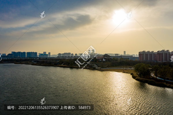 航拍鄭州龍子湖公園黃昏夕陽