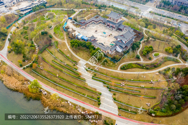 航拍鄭州龍子湖公園仿古建筑