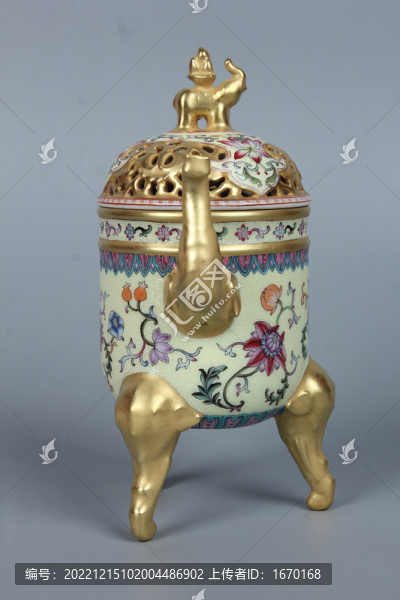 粉彩黃底纏枝蓮紋鑲金香爐