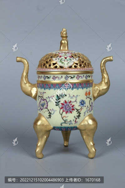 粉彩黃底纏枝蓮紋鑲金香爐