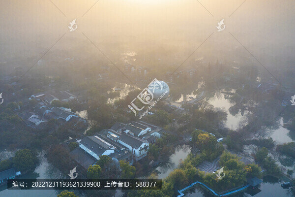 杭州市西溪濕地晨曦云霧航拍