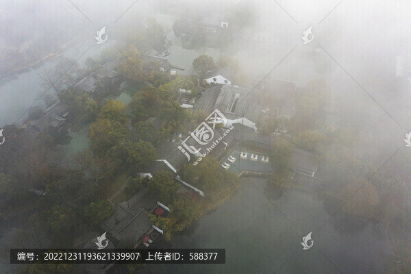 杭州市西溪濕地晨曦云霧航拍