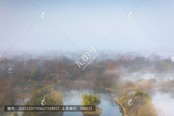杭州市西溪濕地晨曦云霧航拍